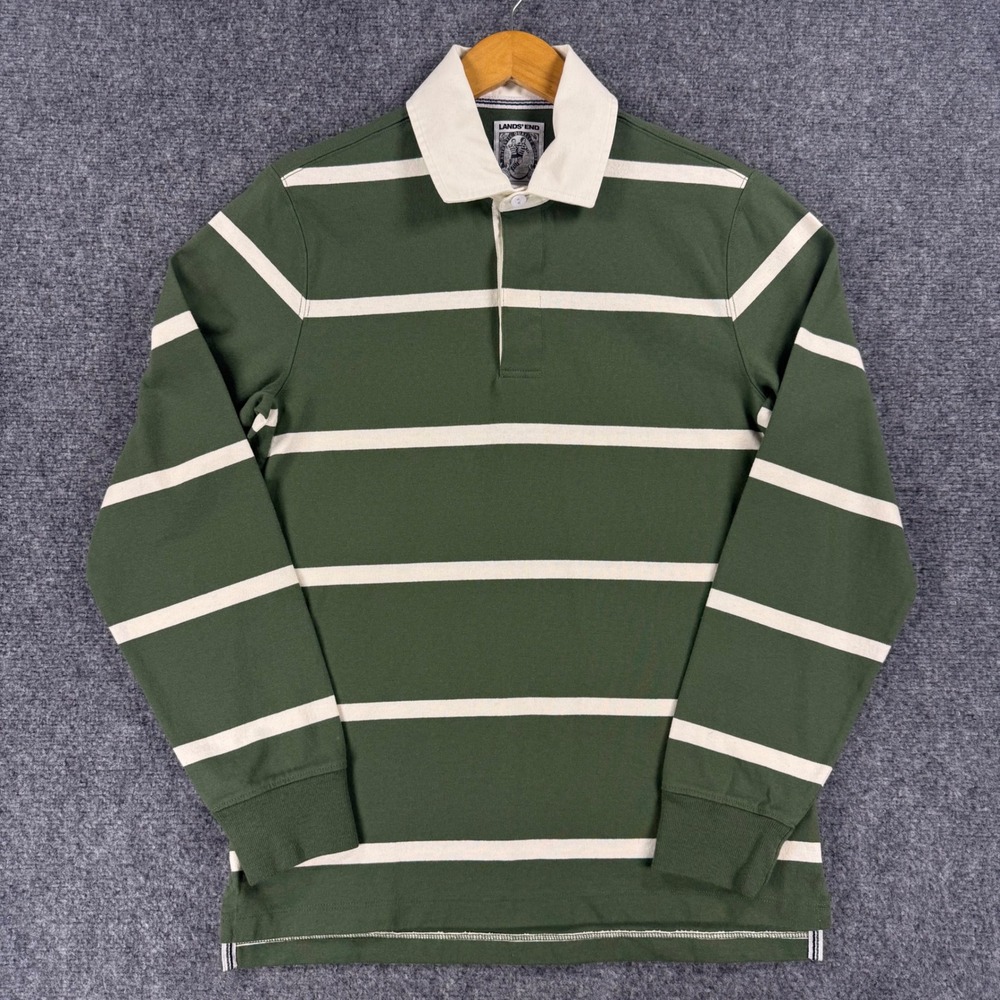 Vintage Lands' End Rugby Shirt Men's Small Green Striped Long Sleeve Cotton